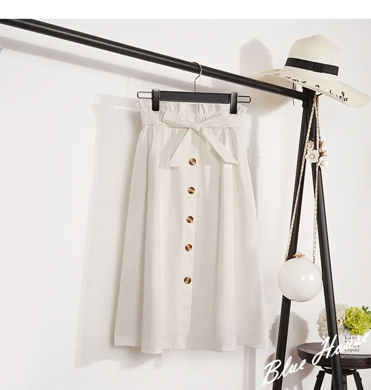 

Factory direct sale autumn summer elegant skirts knee length high waist women long skirt with bowknot and buttons, Customized color