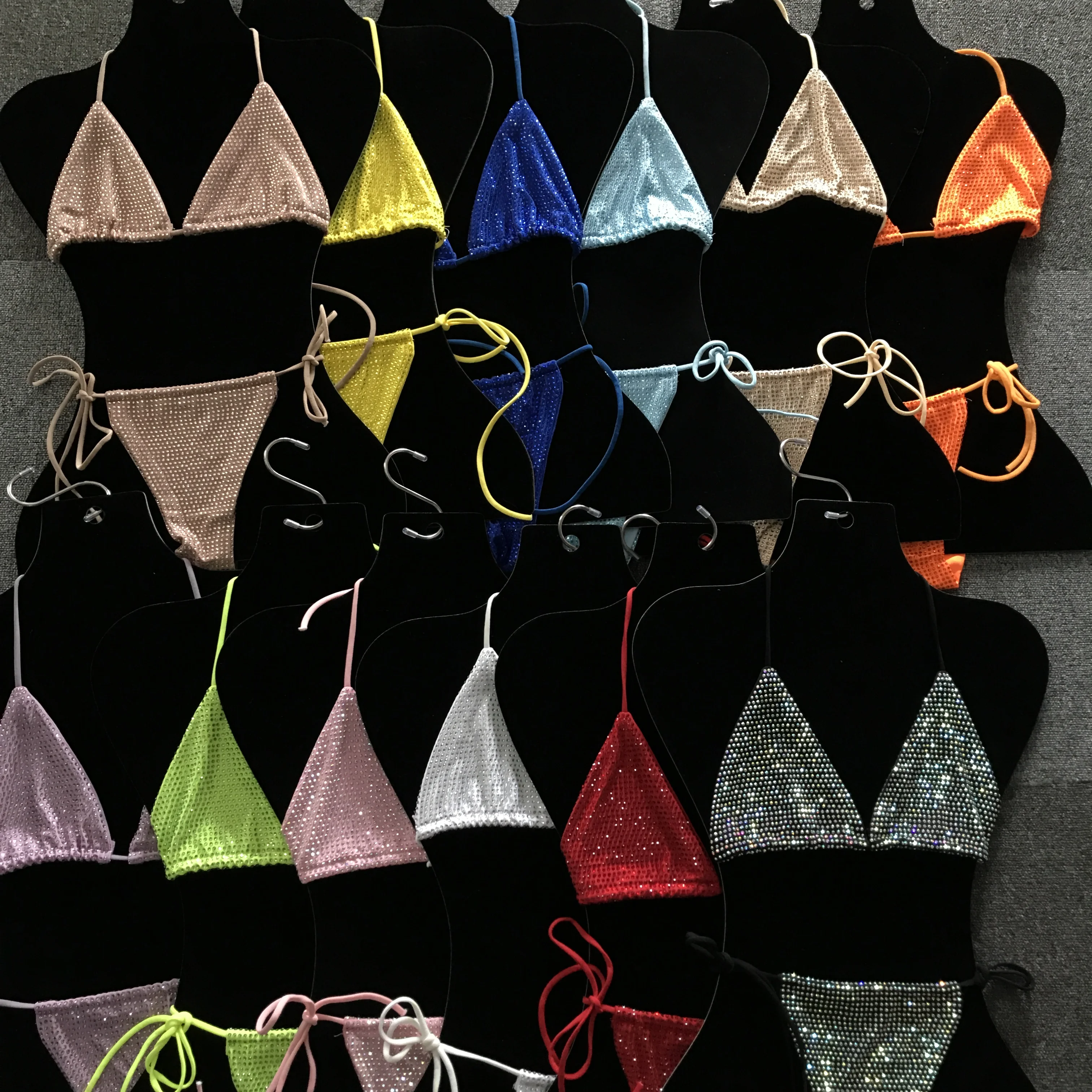 S573 Bling Bling Rhinestone Bikini Women Sparkling Rhinestone Thong Bikini Swimwear Swimsuit Set