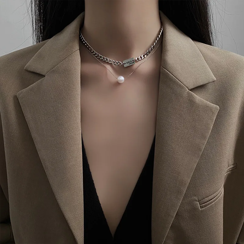

Ins Hot Selling Stainless Steel Link Chain Pearl Clavicle Necklace Good Quality Titanium Steel Two Layer Necklace