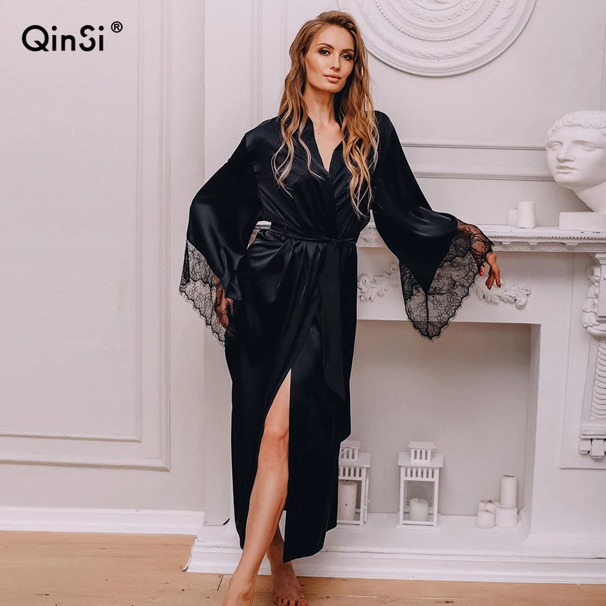 

QINSI Nachtkleding Knielange Badjassen Lace Up Homewear Gewaad Herfst Nightgowns Sexy Kant Patchwork Nachtkleding Gewaden Vrouwe