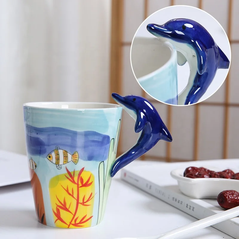 

Baby love customer logo stock available hand painted 3D animal Dolphin ceramic drinking water cup