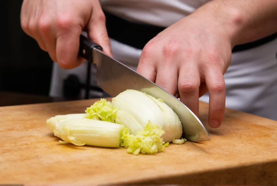 Professional chef demonstrating proper fennel cutting technique with sharp knife on wooden cutting board