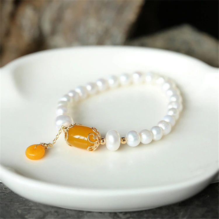 

Natural fresh water pearl bread beads chalcedony agate plated 14K gold bracelet for women