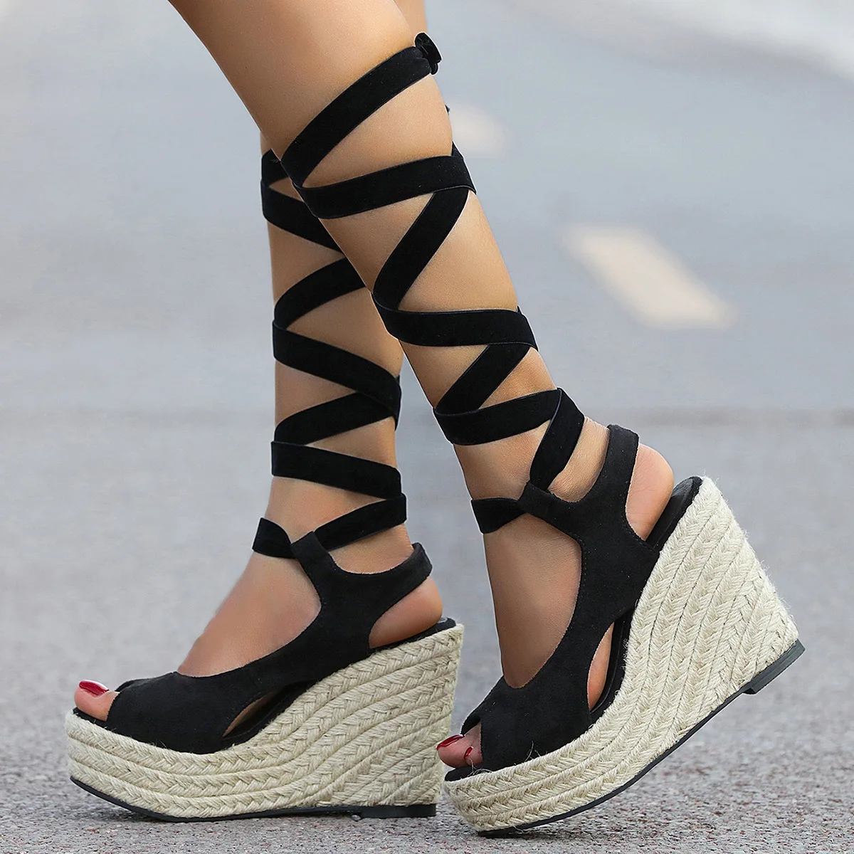 

Sandals Womens Wedges Platform 2021 New Hemp Rope Fish Mouth Open Toe Ankle Strap Wedges Shoes For Women High Heels Sandals