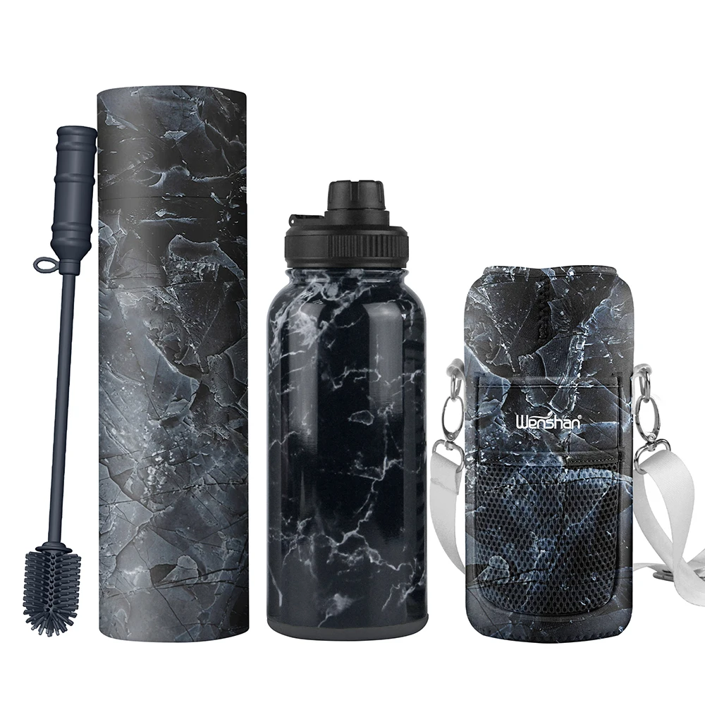 

Hot Selling Marble Design 32oz Double Wall Stainless Steel Sports Vacuum Insulated Water Bottle with Removable Silicone Bottom, Customized color