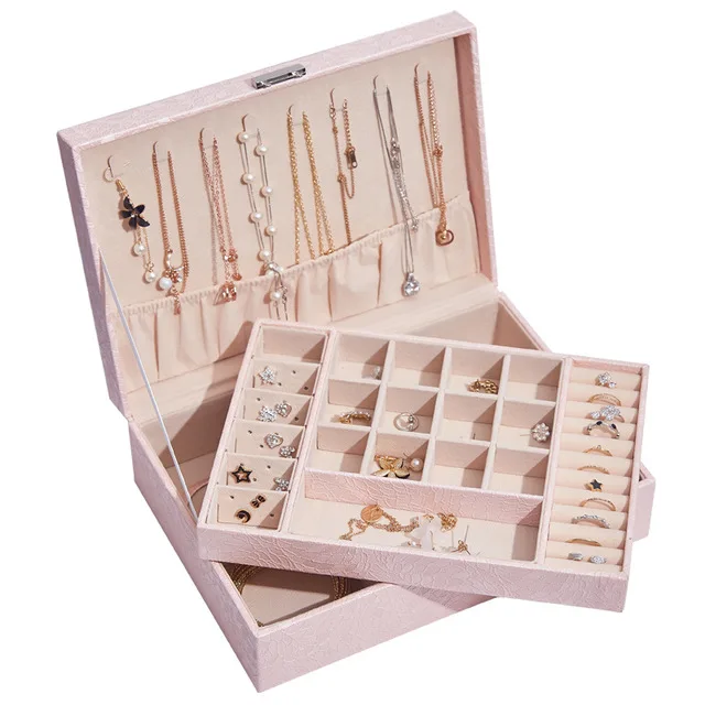 

Custom PU Leather Multi layer drawer Large luxury storage necklace earring ring jewelery case jewelry box organizer, Black, white, pink, orange