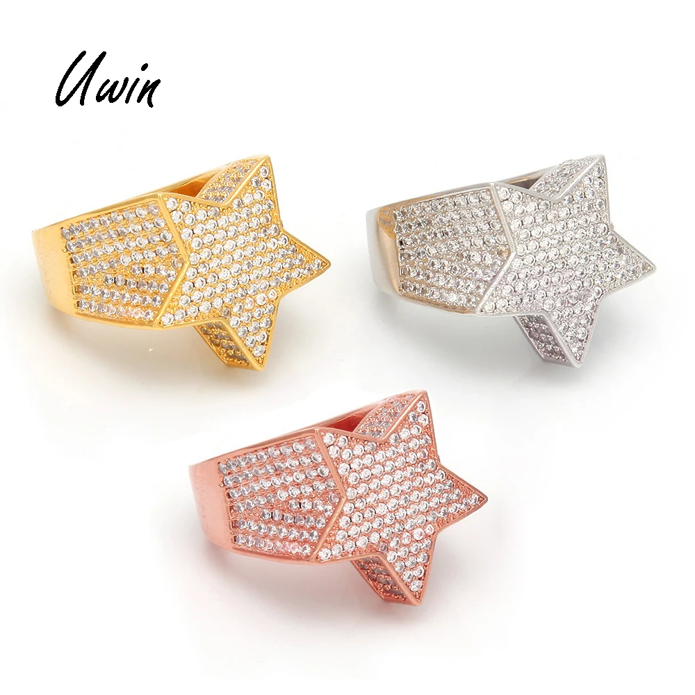 

Hip Hop Iced Out Star Shape Ring Gold Plated Finger Ring for Men Rapper Jewelry, Gold color / silver color