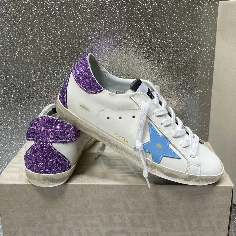 

2021 RM Best Quality SuperStar sneakers in purple glitter and black glitter 3.5cm heels tab sstars women sneakers EU35-EU42