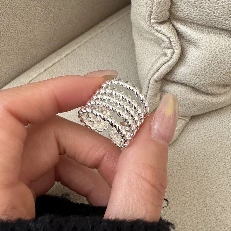 Vintage 925 Sterling Silver Luxury Multi-layer Twist Bands Finger Rings for Women Fashion Jewelry
