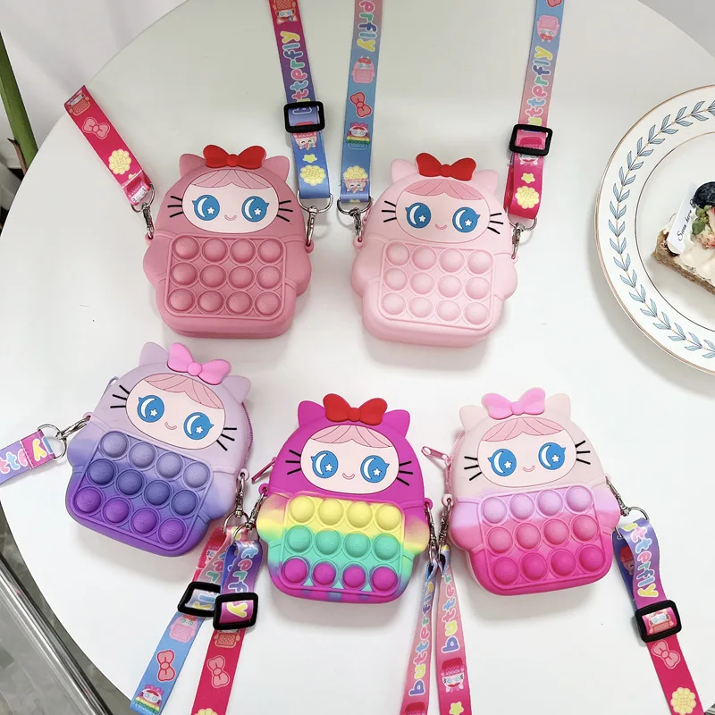 

Wholesale Fashion Cartoon Cute Push Bubble Fidget Toy Pink doll Shoulder Bag Mini Chain Silicone Pop it Coin Purse, 5 colors