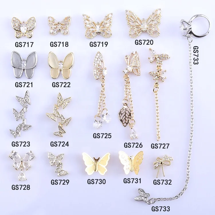 

New Designs Jewelry Rhinestones Nail Art Butterfly Accessories 3d Nail Art Decoration, Gold silver