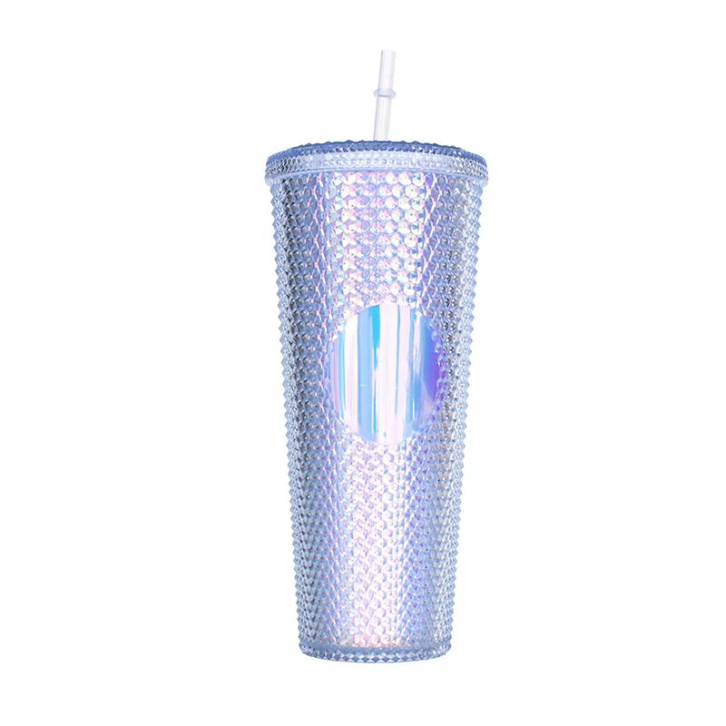 

24OZ New Black Matte Durian Grid Tumbler Plastic Diamond Studded Juice Cup With Straws and Lid