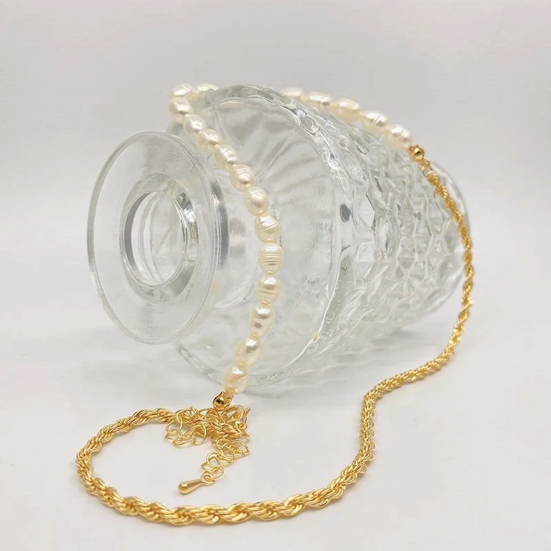 

new design jewelry for women vintage pearl beaded choker necklaces punk hip hop stainless steel twist chain clavicle necklace