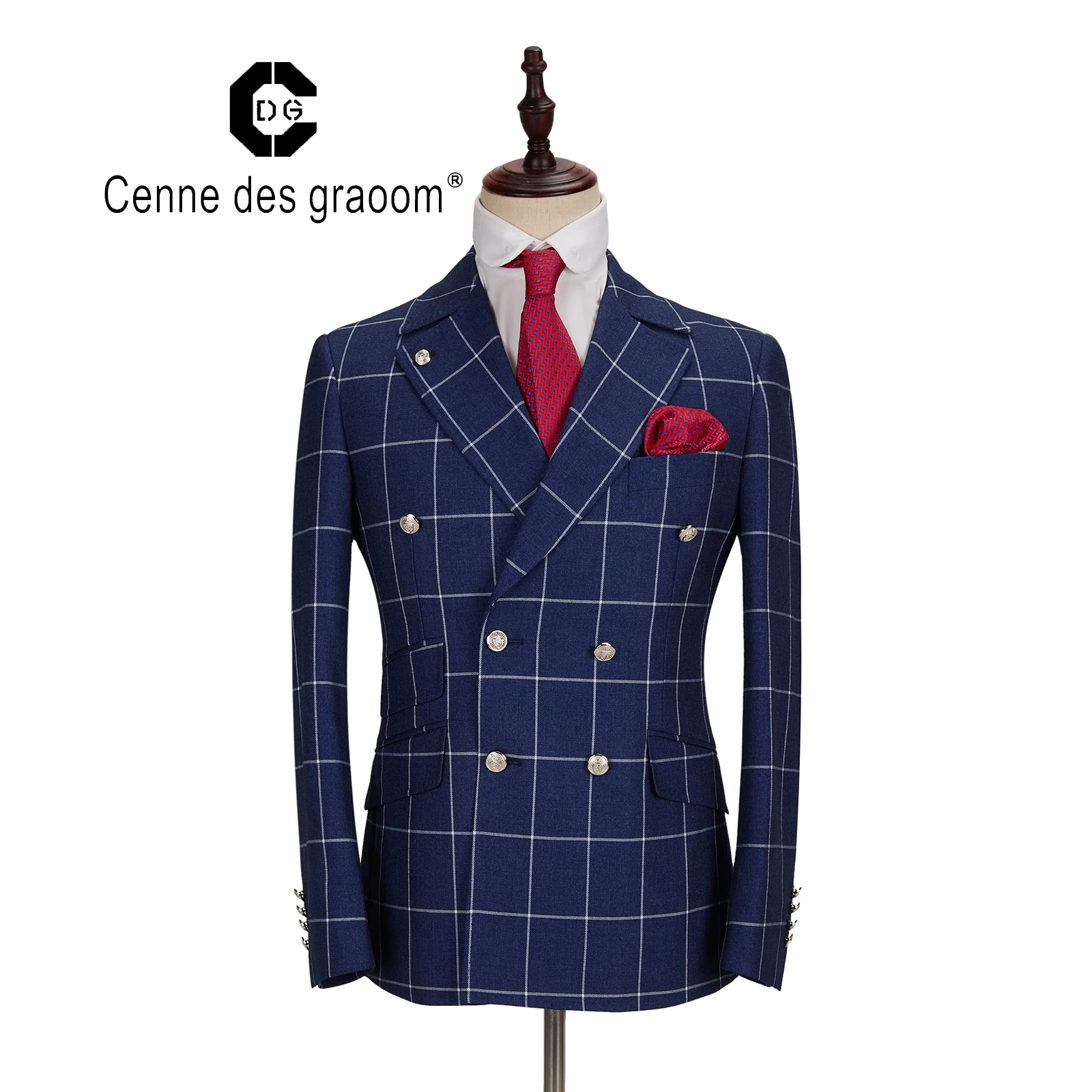 

Mens Suit 2 Piece Slim Fit blue plaid fabr Wedding office double breasted for Cenne des graoom Lapel Blazer Trousers