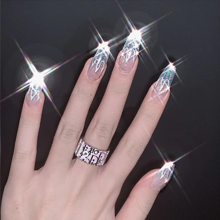 

24pcs Full Cover Pink Blue Purple Laser Silver Flame Fire Press On Nails European Square Fake Nails Factory Price False Nails