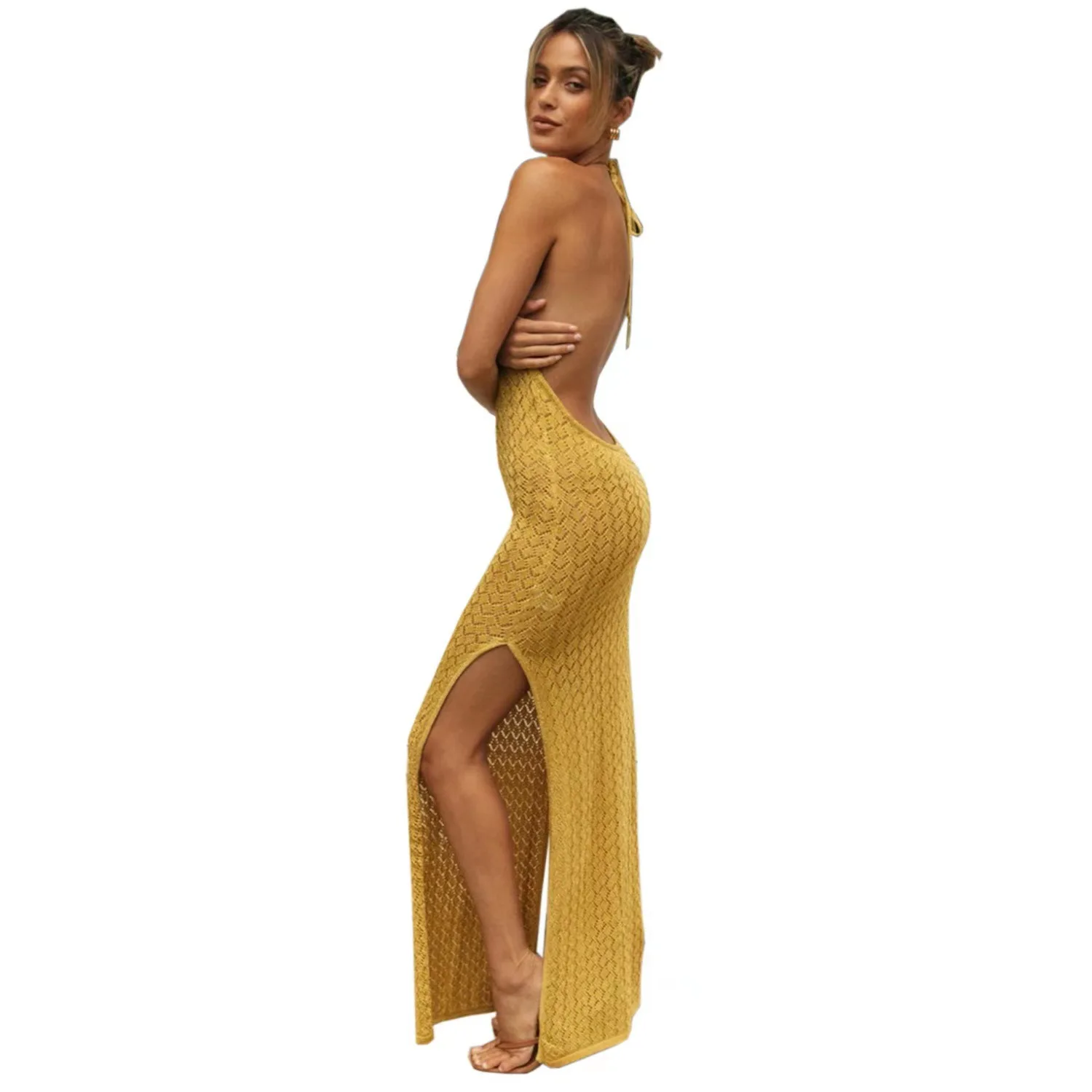 

2022 women clothes summer new arrivals knitted solid halter backless bodycon dresses long sexy dress