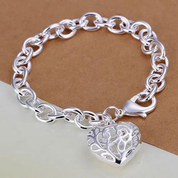 

GX metal silver plated Fashion loves Heart Shaped charm Hollow chain Bracelet & and bangle set Pulsera metal aleacion Gelang set, Sliver