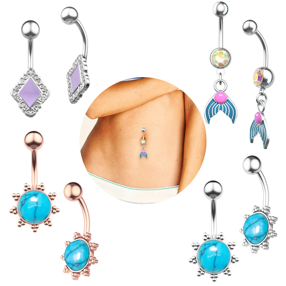 

4Pairs/Set 2020 New Body Sexy Jewelry Mermaid Sun Belly Button Rings Set Stone Steel Belly Rings Body Piercing Jewelry