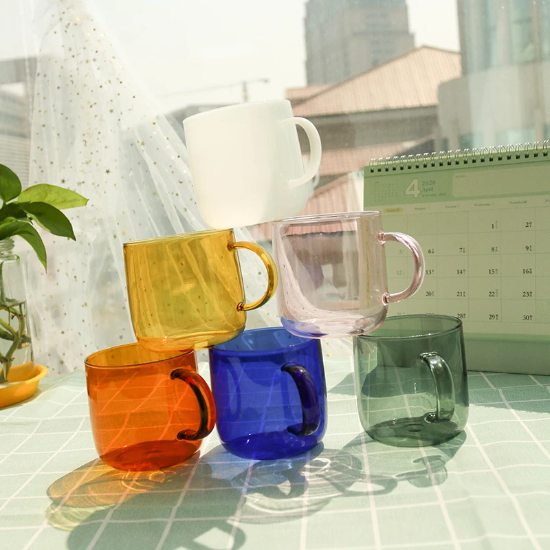 

Drinking Glass Cups heat resistance high borosilicate cups with handle, Customized colors acceptable