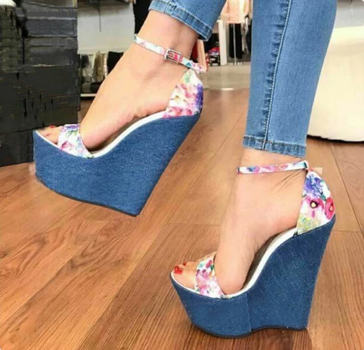 

2022 New Women Designer Print Denim Sandals Roman Sandals High Quality Wedges High Heels Peep-Toe Platform Woman's Shoes