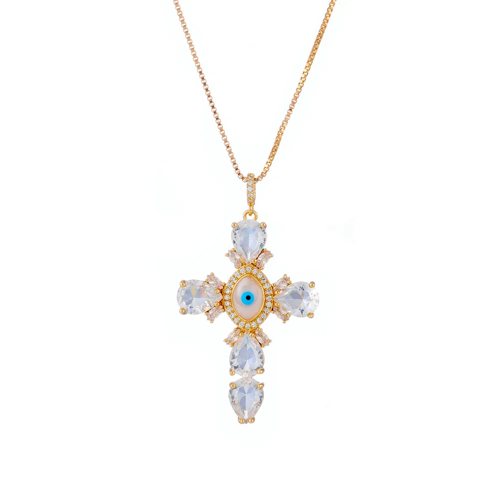 Hot Sell Enamel Eye Necklace Drop Zircon Necklace 18K Gold Plated Cross Pendant Necklace For Women