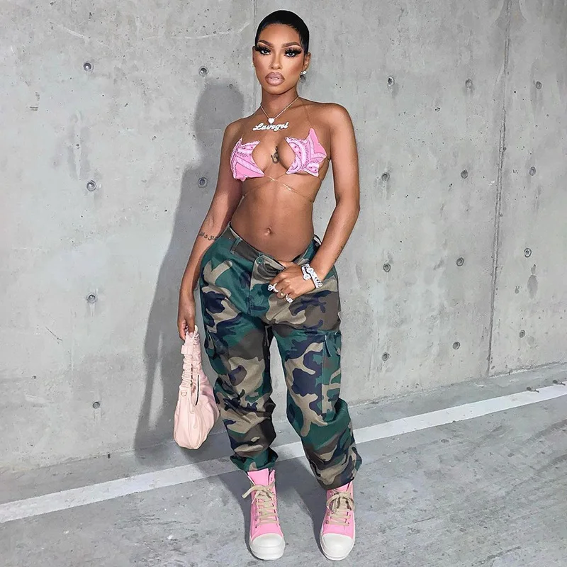 

New Arrivals 2022 Women Sexy Pant and Bra Set Trend Summer 2 Piece Club Outfits Sexy Crop Top Bandage Cargo Pants Set Women, Picture color