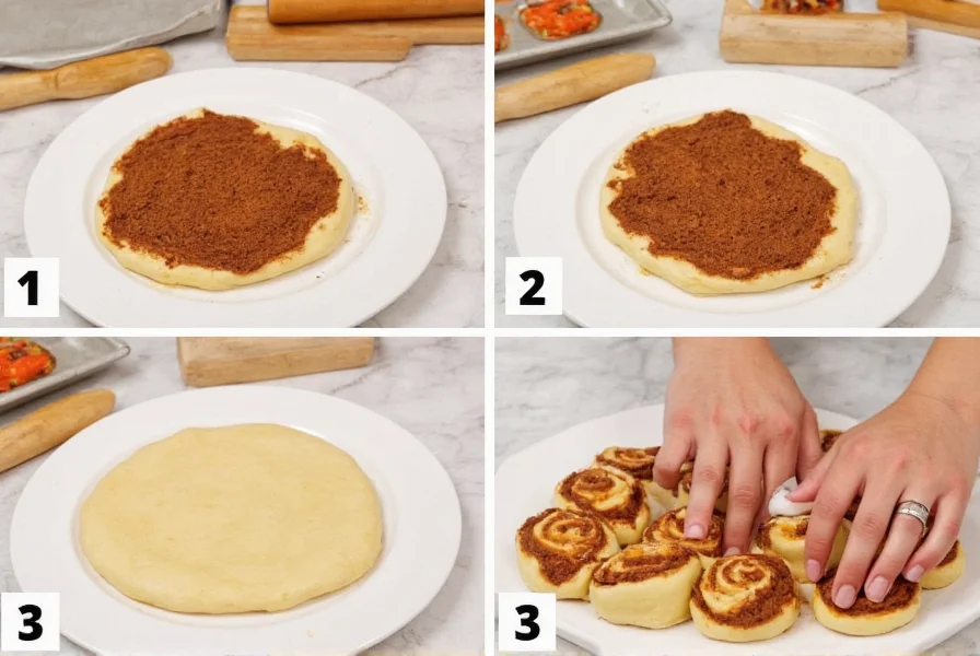 Step-by-step process of making cinnamon rolls from frozen bread dough showing dough rolling, filling application, and cutting technique
