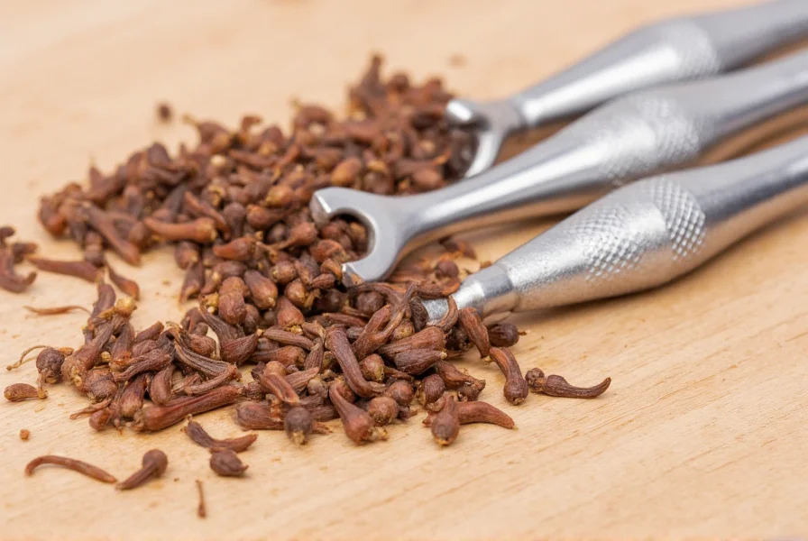 Close-up of whole cloves and ground cloves next to dental tools showing dental health applications of cloves