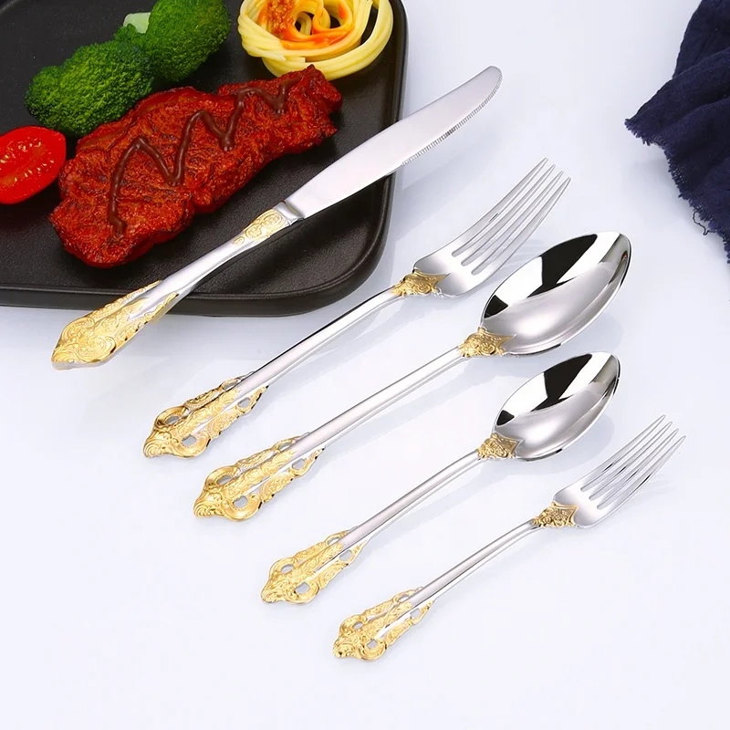 

Wholesale Retro Royal Court Flatware Set 304 Stainless Steel Baroque Spoon Fork Knife Menagere Couvert