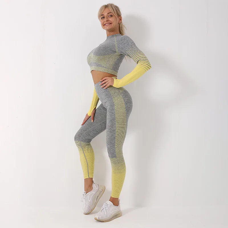 

European American white gray gradual change seamless fitness yoga wear stripe stretch hip lifting exercise cycling yoga set