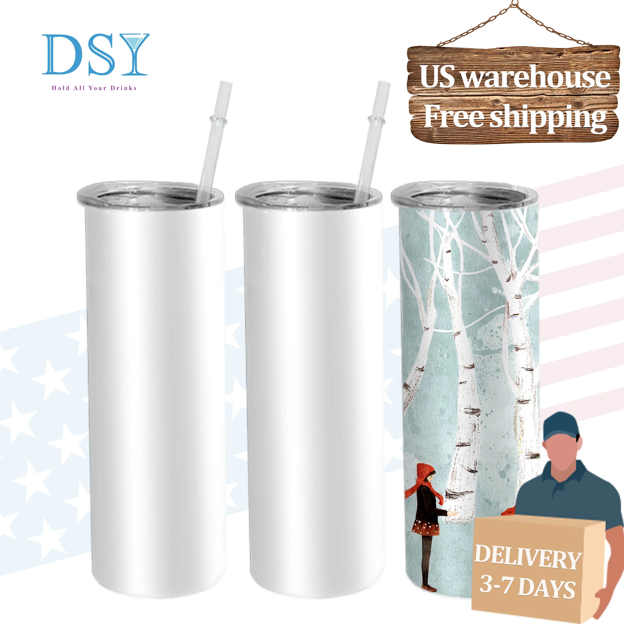 

USA warehouse in Stock 20oz Sublimation Blanks Vacuum Stainless Steel Straight Skinny Tumbler with Straw and Lid in Bulk