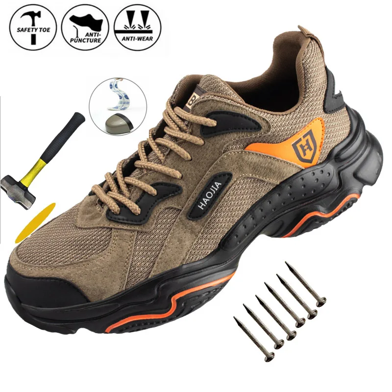

Mens Women Leather Safety Shoes Steel Toe Hiking Shoes Night Reflective Anti Puncture Lightweight Indestructible Work Boots, Khaki grey
