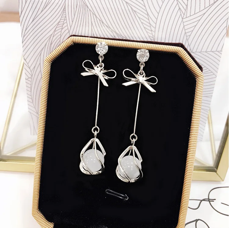 

Female Jewelry Silver/Gold Plated Imitate Opal Diamond Earring Long Statement Butterfly Knot Tassel Dangly Chandelier pendiente