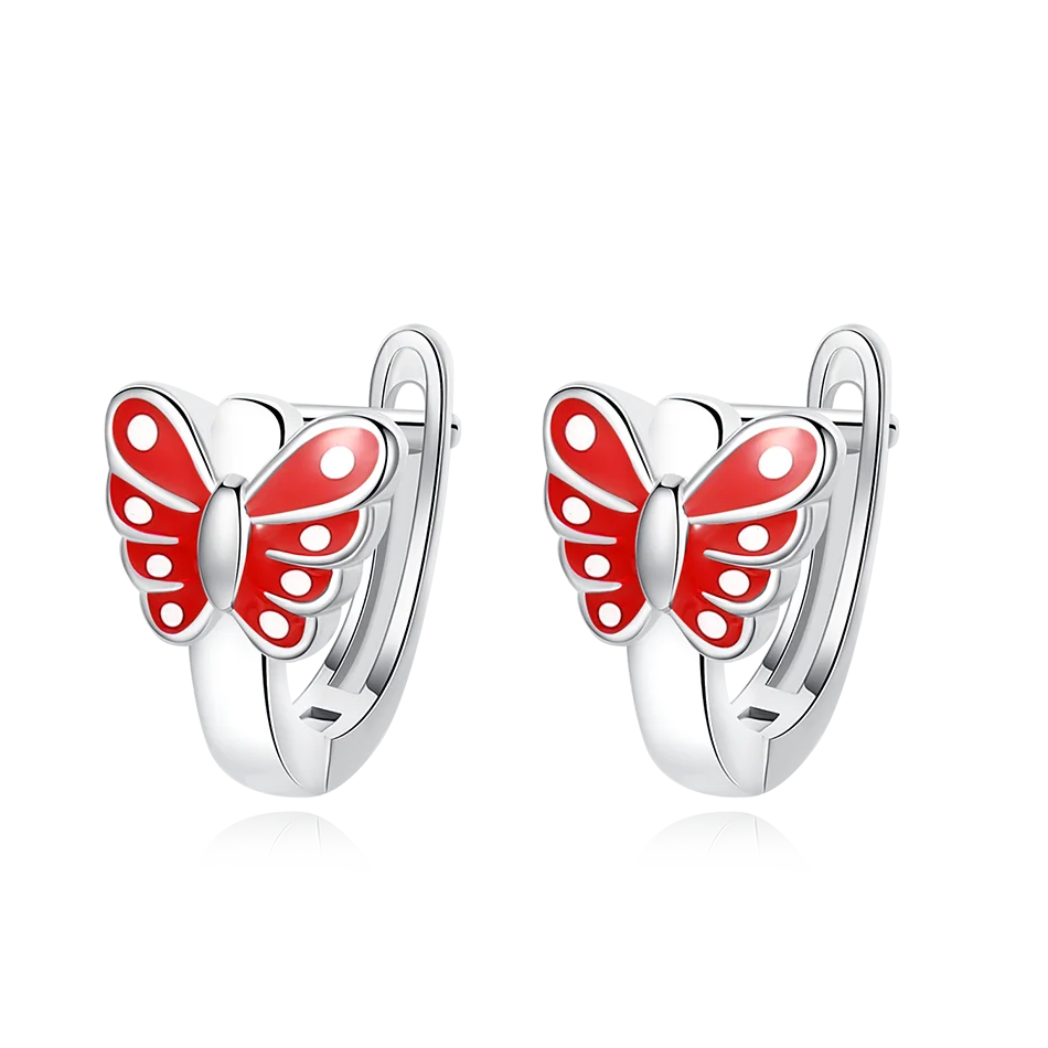 

Kid Silver Jewelry Gift Whole Price 925 Sterling Silver Earrings Red Enamel Butterfly Hoop Earrings