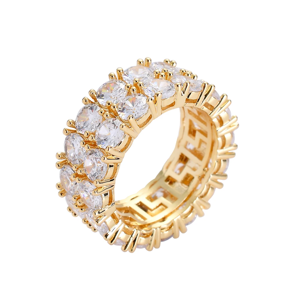 

TUNKALL R010 Brass two row men's ring Gold Silver Color Cubic Zircon Iced Accessory Hip hop Jewelry