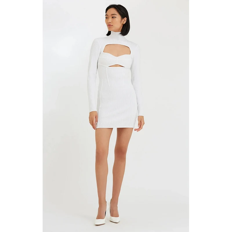 

C2822 Hot Sexy White Cutout Long Sleeves Women Night Club Mini Dress
