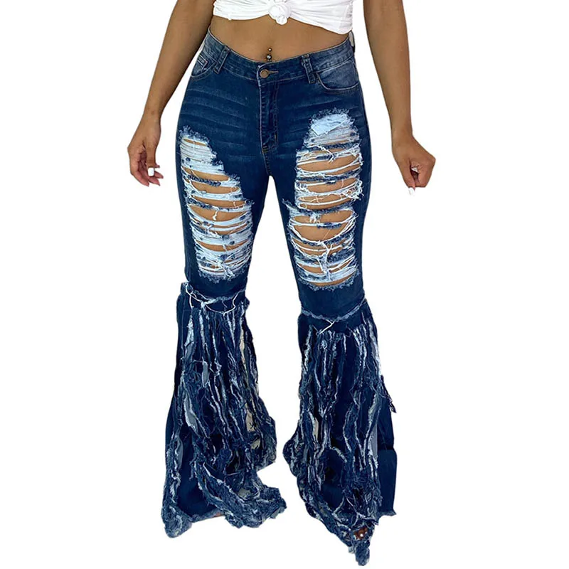 

L99370 Fringed Hole Flared Denim Trousers
