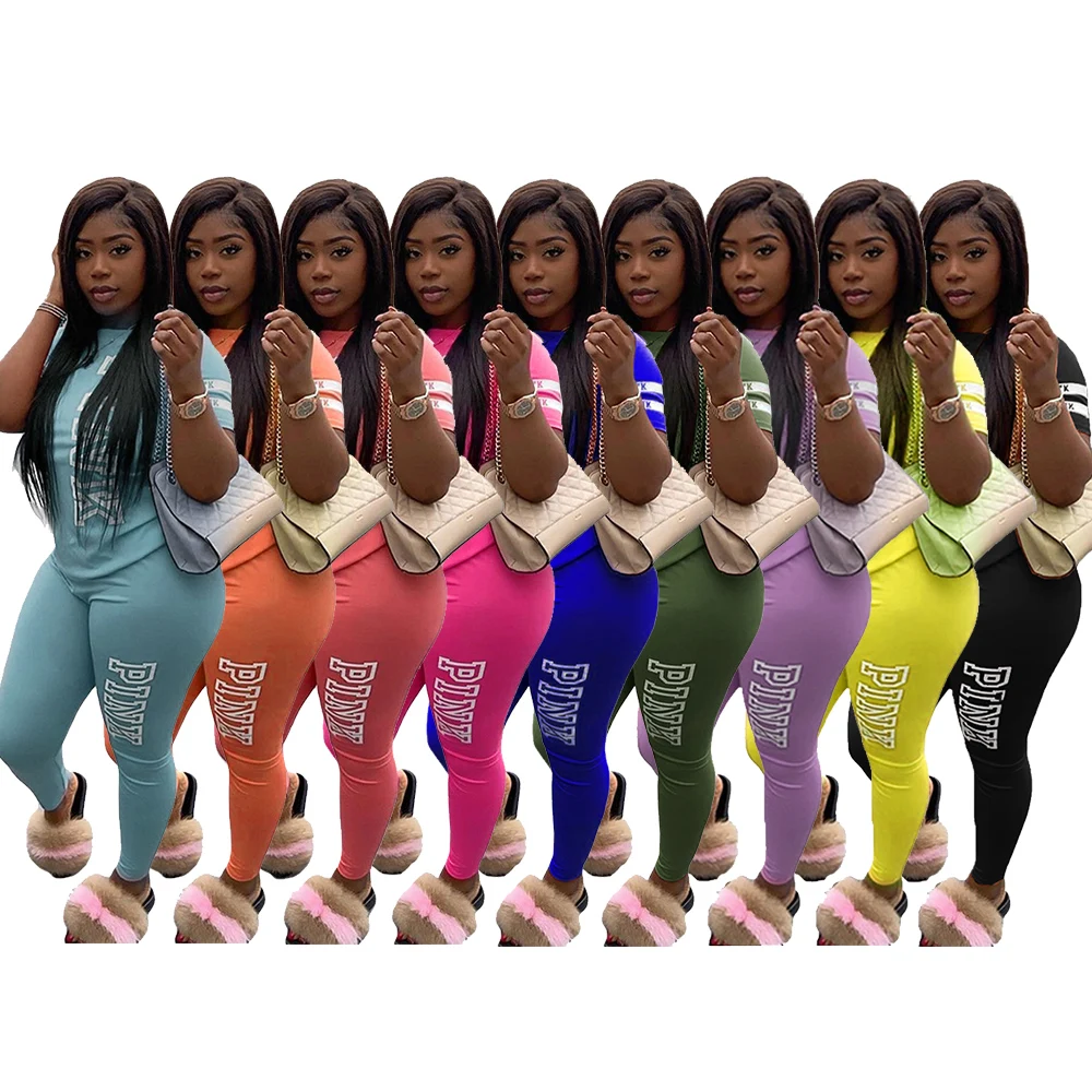 

05068101-Drop shipping Summer Fashion Casual Outfit Short-sleeved Letter Printing Women Two-piece Sets