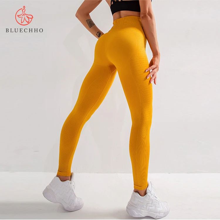 Custom Branded Yoga Pants Seamless Fitness Clothing Scrunch Butt Leggings Deporte Yoga Pants Yellow for Women
