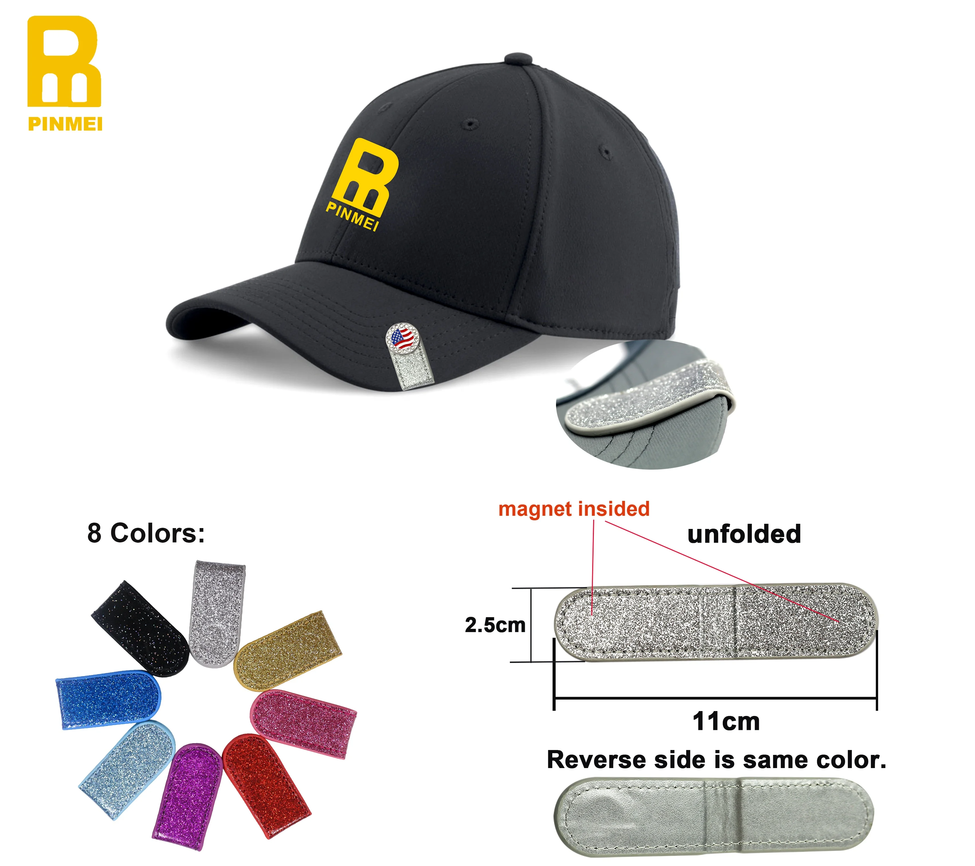 

Pin Mei Different Color Sparkly Hat Clip Band Shape Magnetic Golf Hat Clips PU Leather Ball Marker Holder, Silver, black, red, blue, green, pink, purple