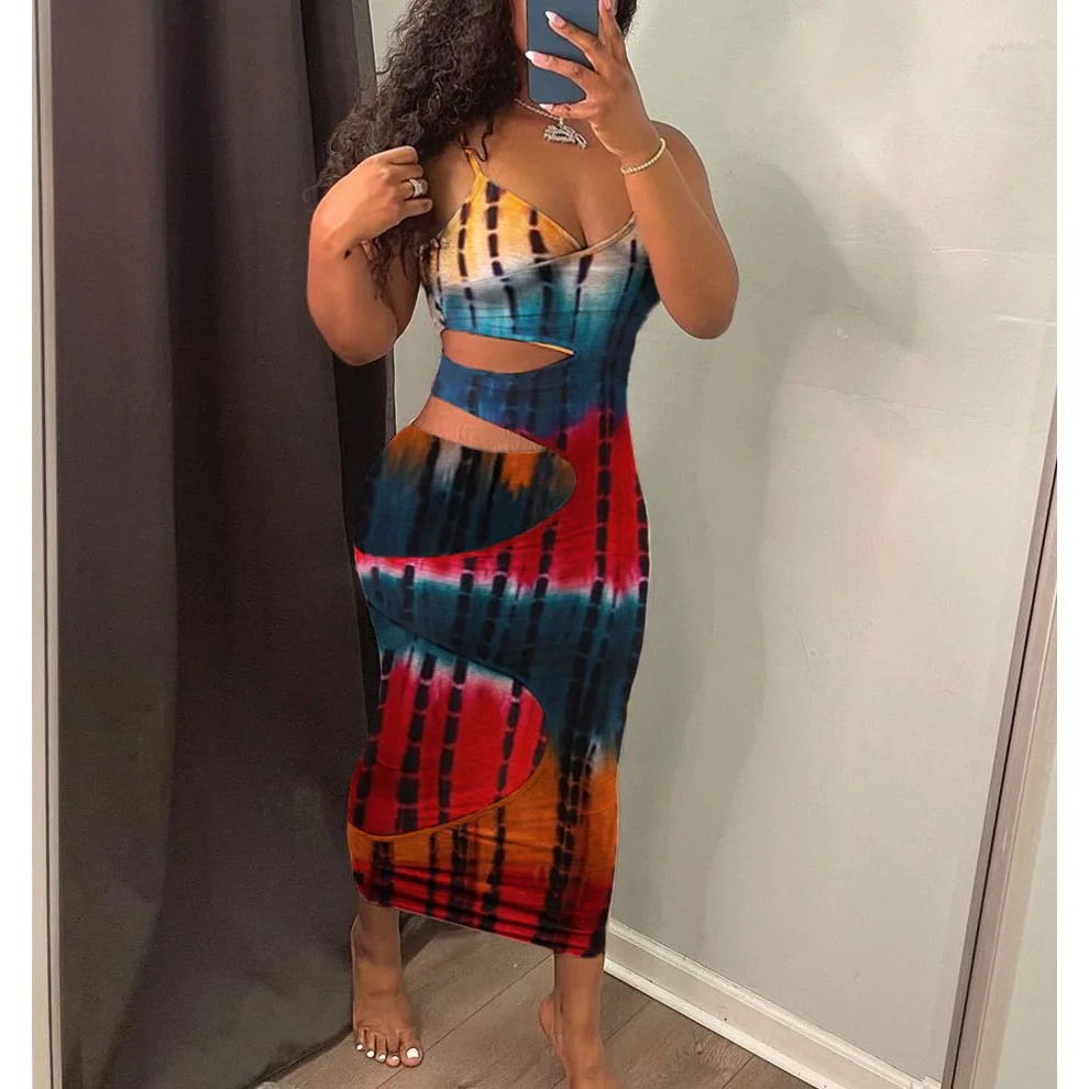 

FS3115D Women Sling colorful tie dye summer hollow out maxi dress