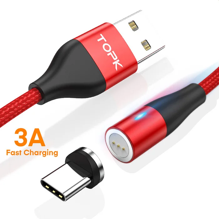 

Free Shipping TOPK AM60 2M 3A QC3.0 Fast Charging Magnetic USB Type C Cable, Black/red