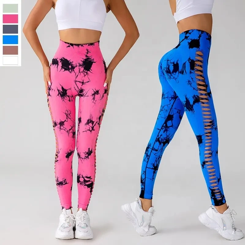 

New Side Hollow Out Leggings for Women Scrunch Butt Yoga Pants High Waist Stretchy Gym Tights Seamless Tie Dye Yoga Leggings