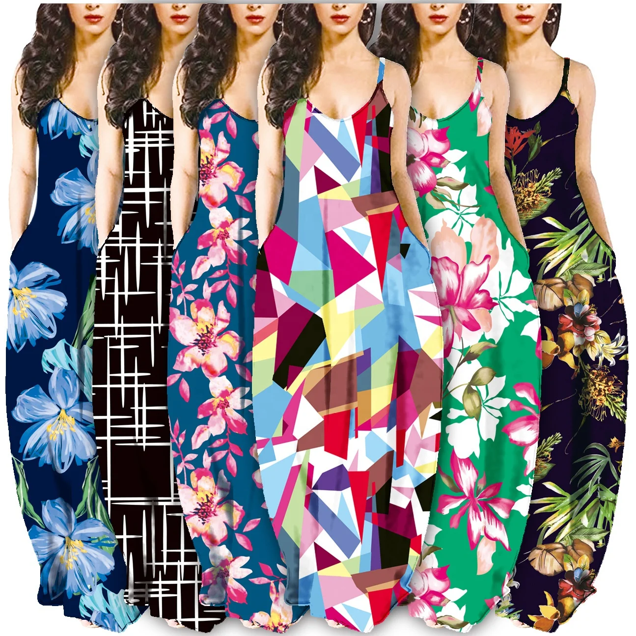 

MT57-9950 Hot Popular Fashion Casual Sexy Women Sling Dress Printed Sleeveless Bohemian Loose Long Pocket Dresses