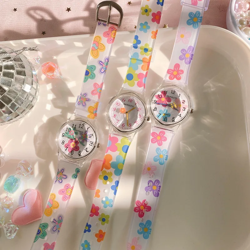 

Transparent Jelly Flower watch band Kids Women Quartz Silicone Cute rabbit Clock Colorful Dial Analog WristWatch Ladies Watches, Gold