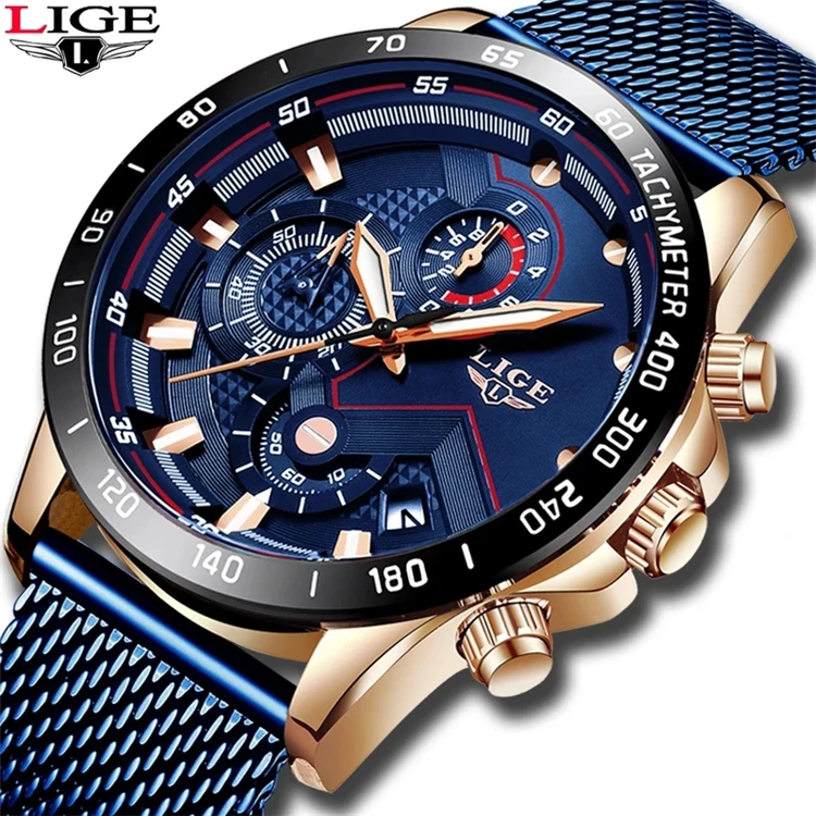 

LIGE 9929 2021 Top Brand Luxury Quartz chronograph Watch Men Mesh Steel Waterproof Wristwatch For Men Sport Clock