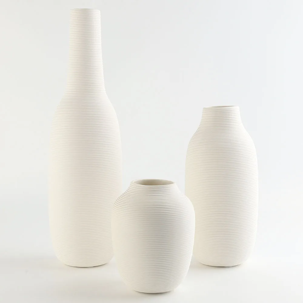 

White Embossed Lines Ceramic Stoneware Pottery Crockery Tabletop Flower Vases