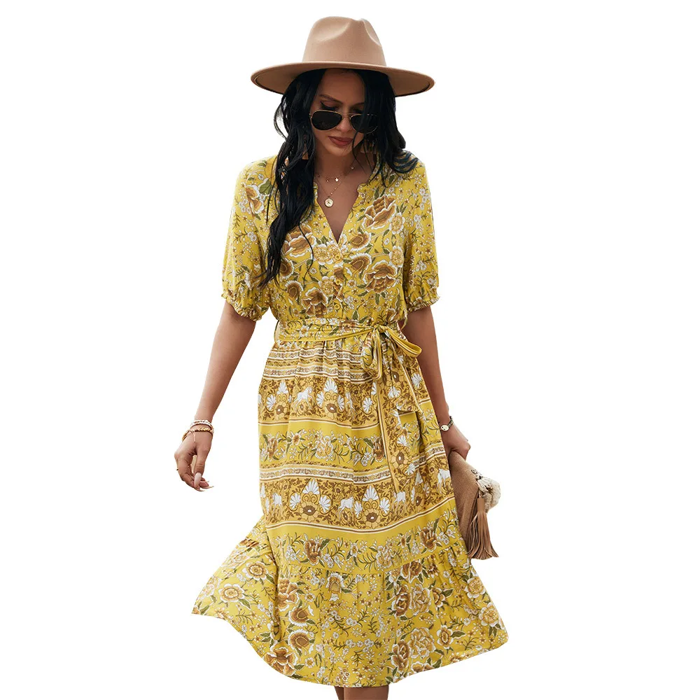 

High Quality Fashion Style Women Boho Floral Wrap Midi Casual Dress Summer Dress Lady Holiday Style Dresses, Yellow/pink/black