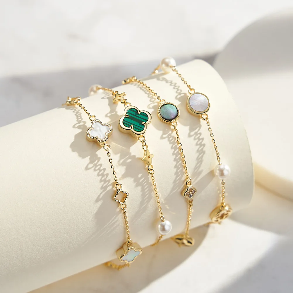 Fine Jewelry Four Leaf Clover Shape Malachite Natural Shell Pearl Gold Plated 925 Sterling Silver Chain Bracelet for Women