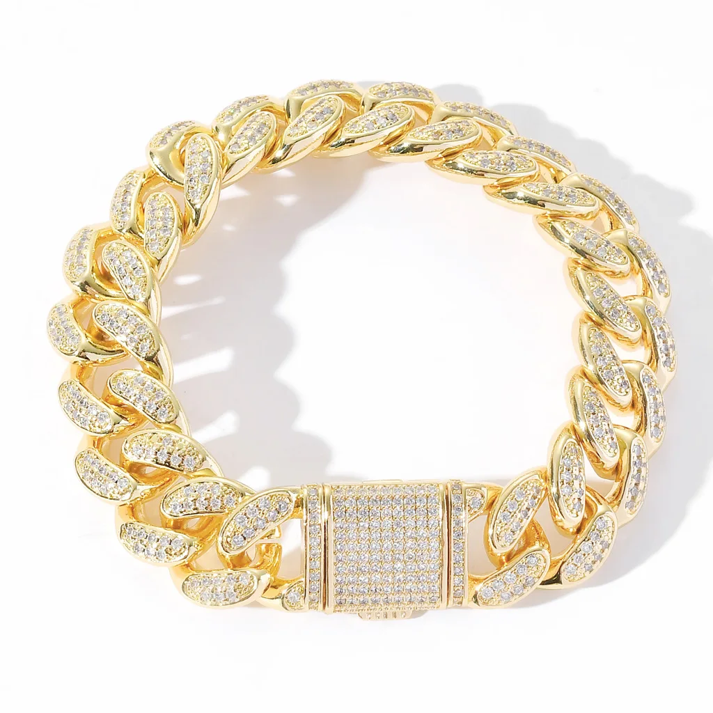 

15MM Luxury Box Lock CZ Bracelet 18k Gold Iced Out Real Hip Hop Diamond Cuban Link Bracelet, Picture